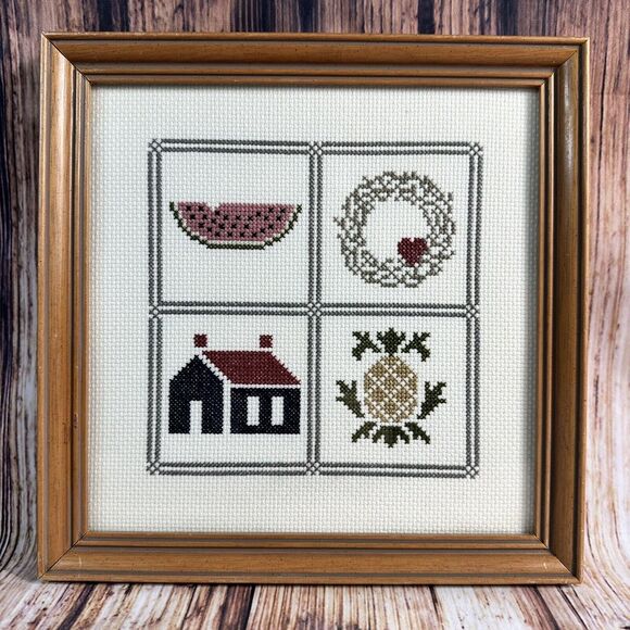 Handmade Other - Vintage Cross Stitch Pineapple House Watermelon Heart Wreath Framed Finished 9x9